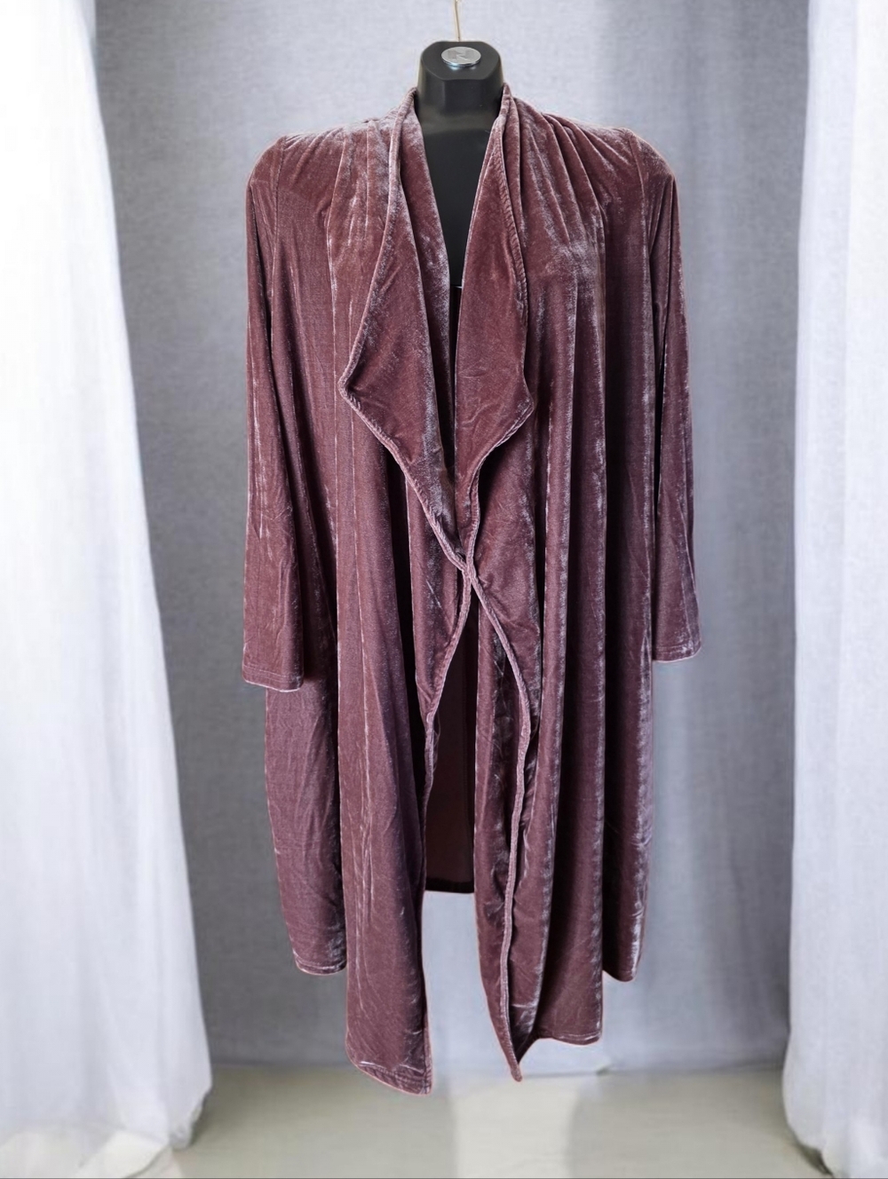 Vintage Y2K Long Open-Front Draped Brown Velvet Duster Cardigan Size M